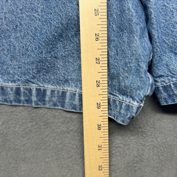 Mickey Mouse Denim Overall Bib Shorts Sz L USA Theme Blue Big Mickey Graphic - Picture 16 of 16